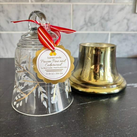 SALE  Etched Glass Bell Cloche Candle Pine Cedarwood Scented Soy Wax Gold Jar - Picture 11 of 11
